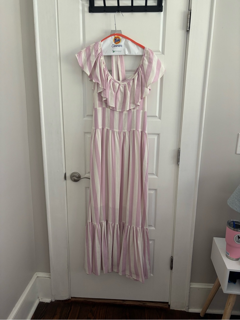 Buddy Love Pink and Cream Striped Ruffle Maxi Dress